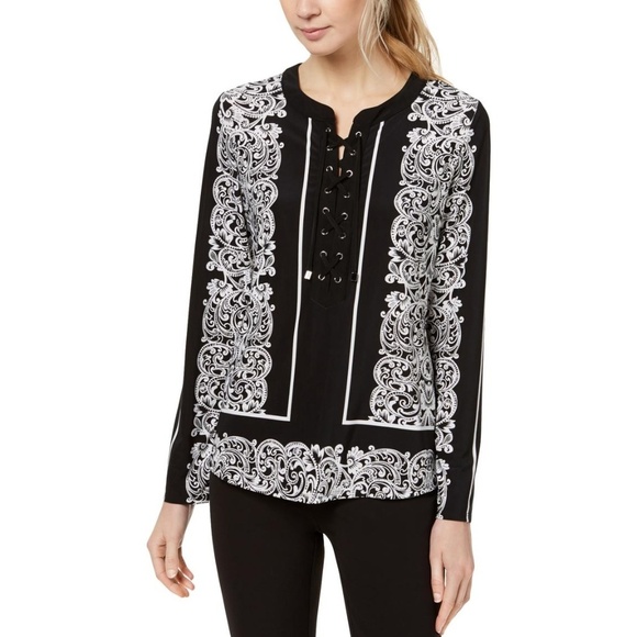 NWT I.N.C. International Concepts Jacquard Lace‑up Pullover Top Black Large - Picture 1 of 6